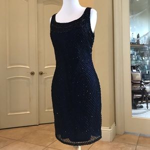 Vintage Lawrence Kozar navy blue sequined cocktail dress
